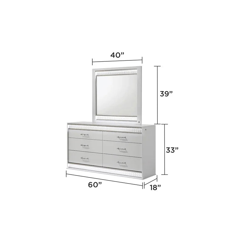White Wood Queen Bedroom Set with LED Headboard, Modern Glam Design, 5-Piece