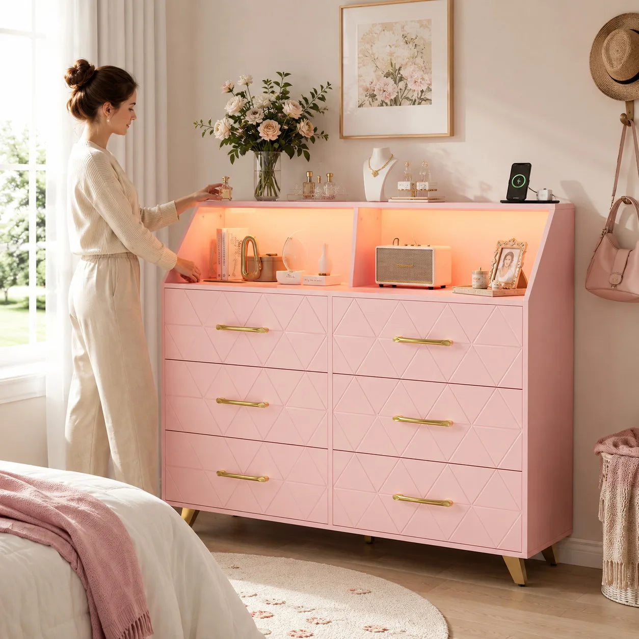 Modern 6 Drawer Dresser with LED Lights Charging Station Pink Wood Storage Cabinet Bedroom Chest of Drawers with Metal Legs Entryway Organizer