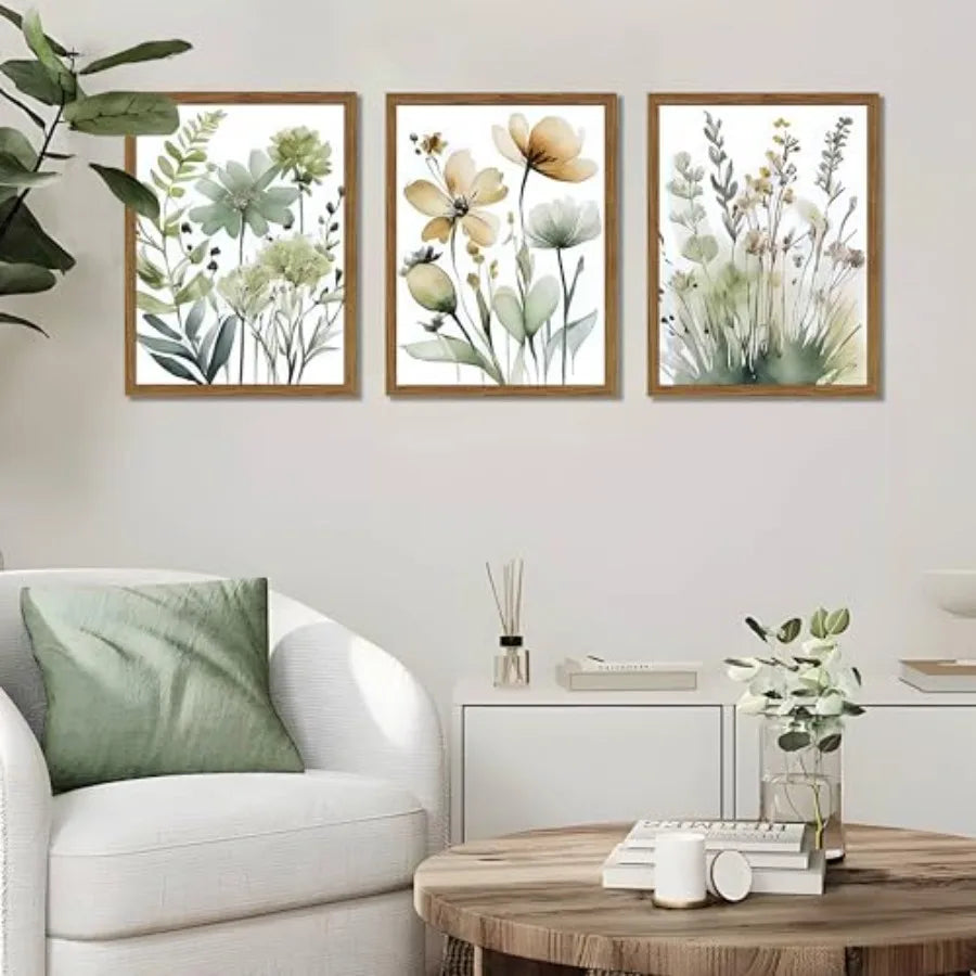 Wood Framed Sage Green Botanical Wall Art Set of 3 for Bedroom Bathroom Living Room, Boho Floral Canvas Prints, Minimalist Flow
