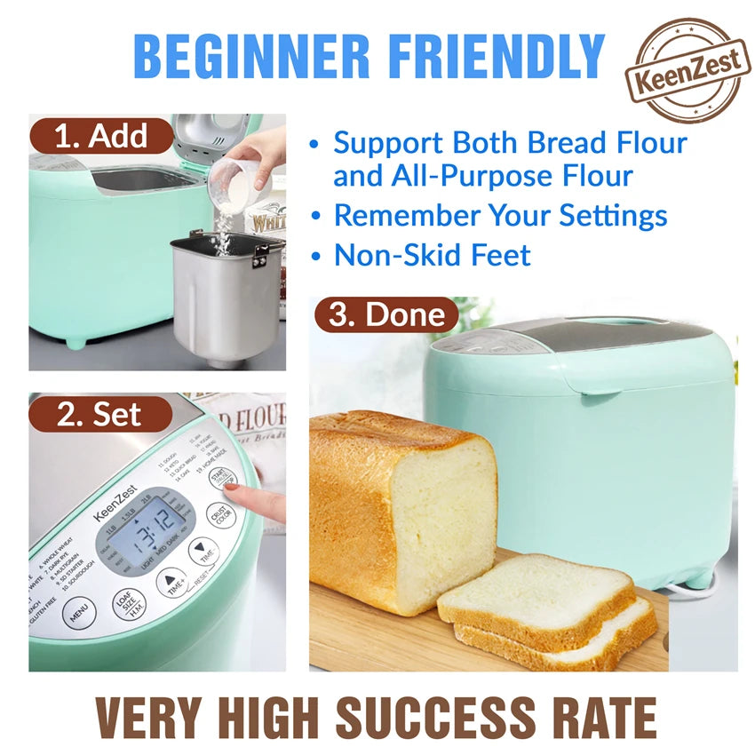 KeenZest 19-in-1 Mint Green Compact Bread Machine, 2LB Whole Wheat Breadmaker with Homemade Cycle, Gluten Free Setting & Recipes