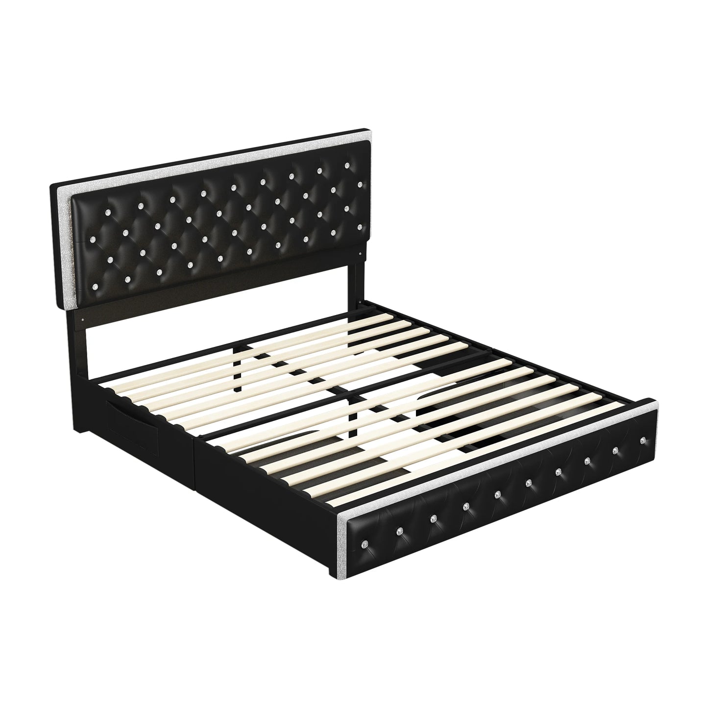 Sibeds Queen Size Bed Frame with LED Lights , King Size with 2 Drawers, Full Bed Crystal Button Tufted Headboard, Solid Slats, Noise Free, No Box Spring Needed, Easy Assembly，PU & Velvet