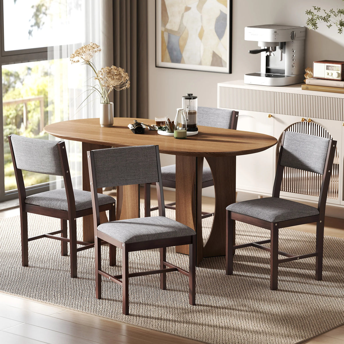 HOMCOM Solid Wood Dining Chairs Set of 4, Linen Fabric Upholstered Kitchen Chairs for Dining Room, Living Room, Gray