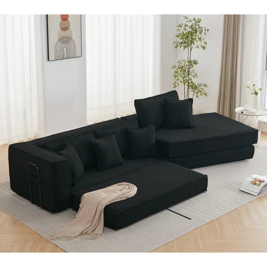 Combination convertible black sofa, 3-seater, foldable convertible sleeper sofa bed, 2-in-1, lamb wool fabric