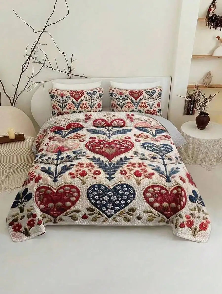 Quilted Floral Print Bedding Set With Pillowcases Soft Breathable Machine Washable Twin Queen King