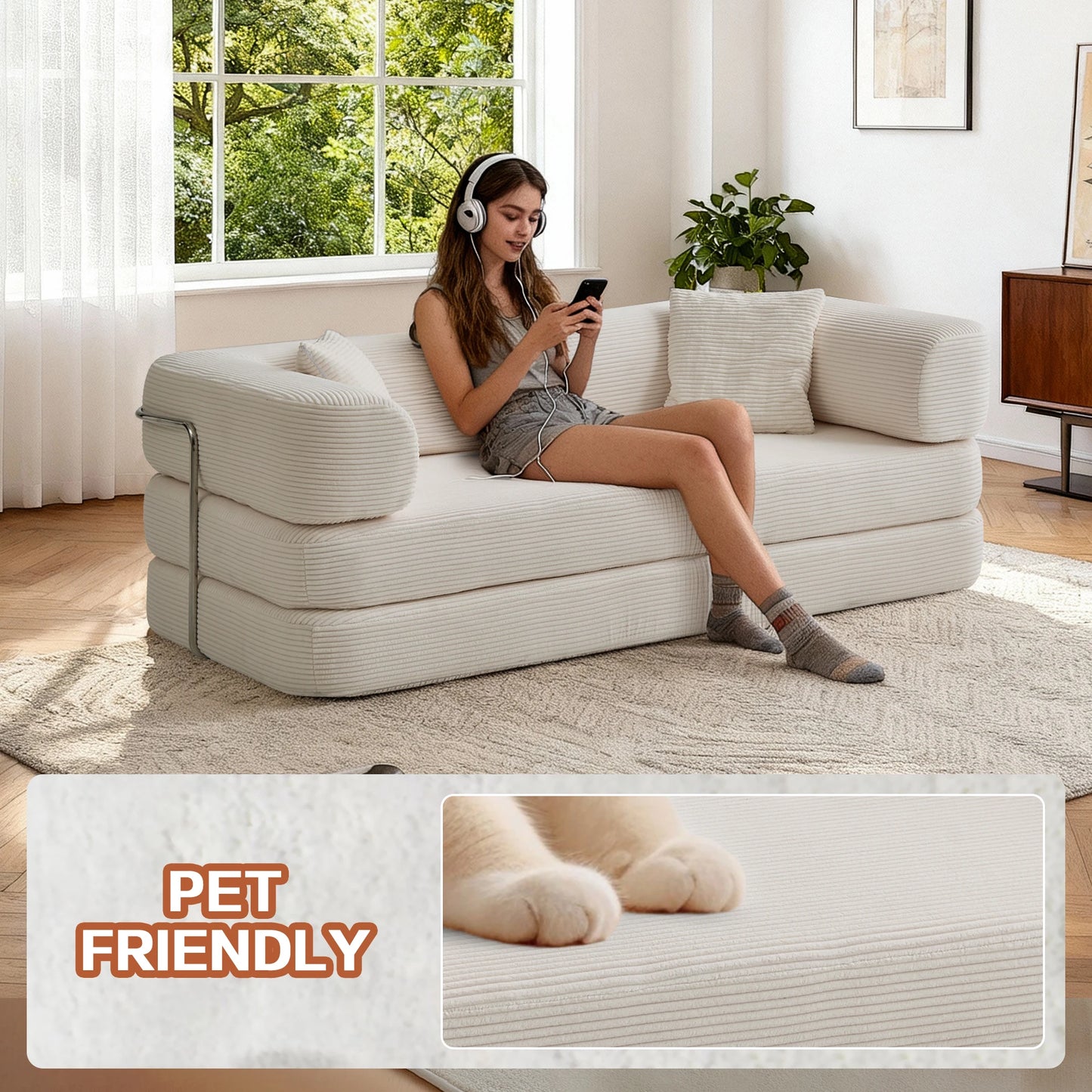 76'' Boneless Couch Futon Sofa Bed Floor Lounge Foldable Convertible Sofa Couch with L‑Shaped Armrests for Living Room Sofas