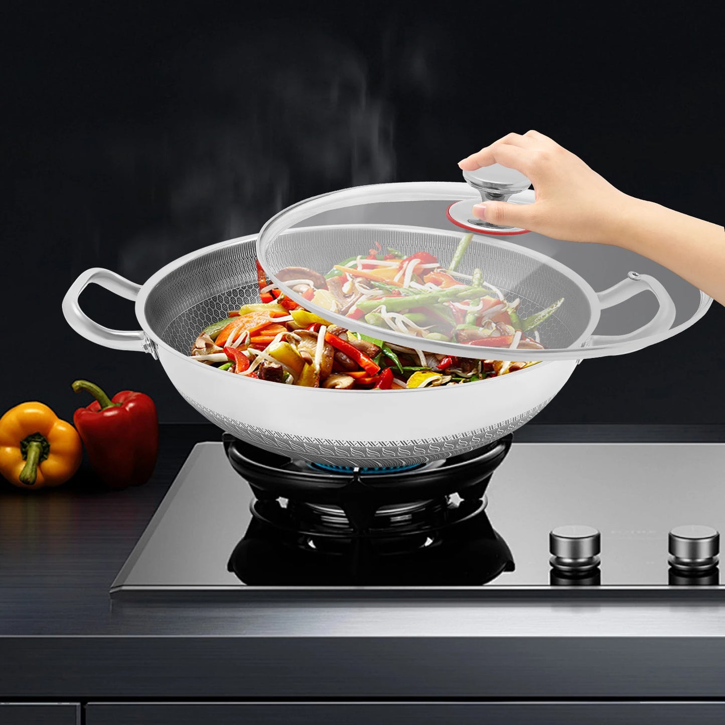 Non-stick Cookware with Lid, Stainless Steel Frying Pan, Modern Cooking Pan for Sauteing, Deep-Frying