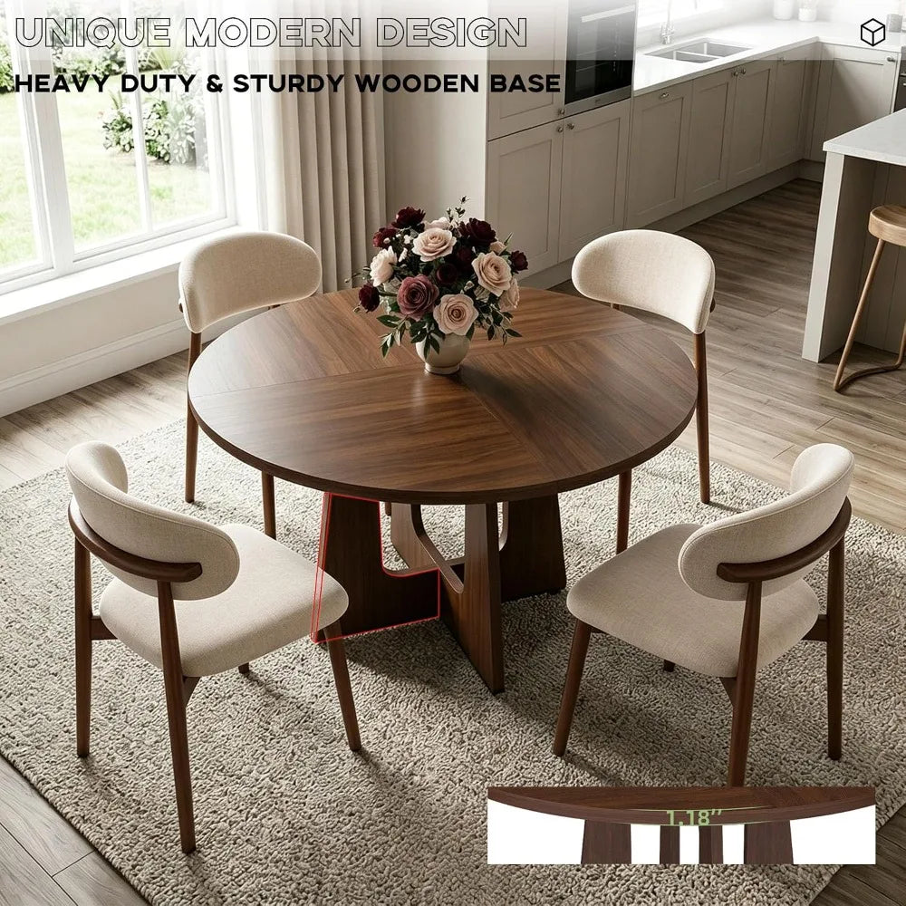 47" Round Dining Table Set for 4, 5 Pc Space Saving Kitchen Table & Chairs, Walnut Wood, Easy Clean
