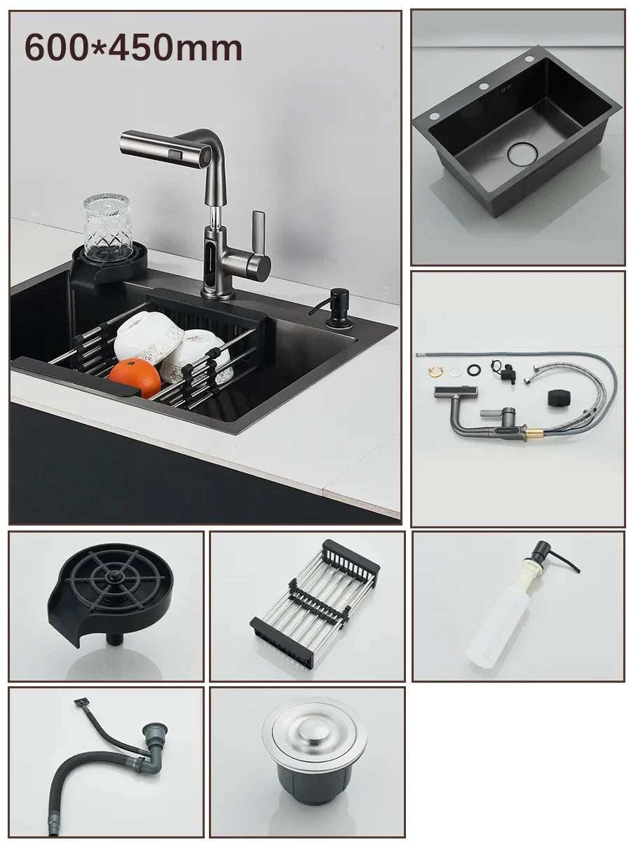Stainless Steel Kitchen Sink Large Integrated Faucet Sink Dish Basin With Drain Basket Soap Dispenser/Pure Water/Cup Washer