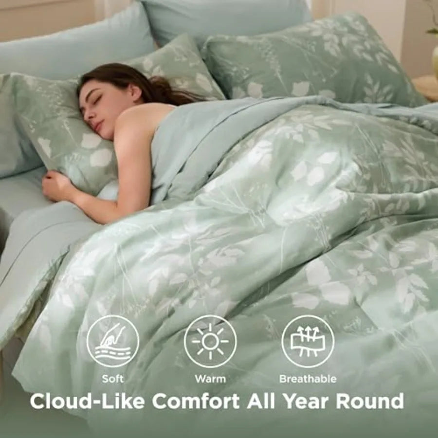 Comforter Set - 7 Pieces Floral Sage Green GentleSoft™ Bedding Sets, Bed in a Bag with Botanical Flowers Winter Comforter, Shee