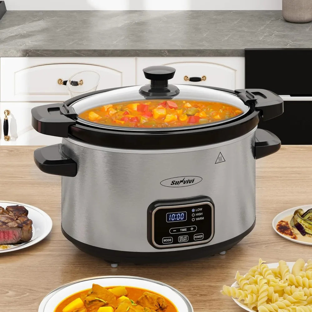 4 Quart Programmable Slow Cooker with Locking Lid Removable Ceramic Pot 3 Heat Settings Timer Mini Food Warmer Dishwasher Safe