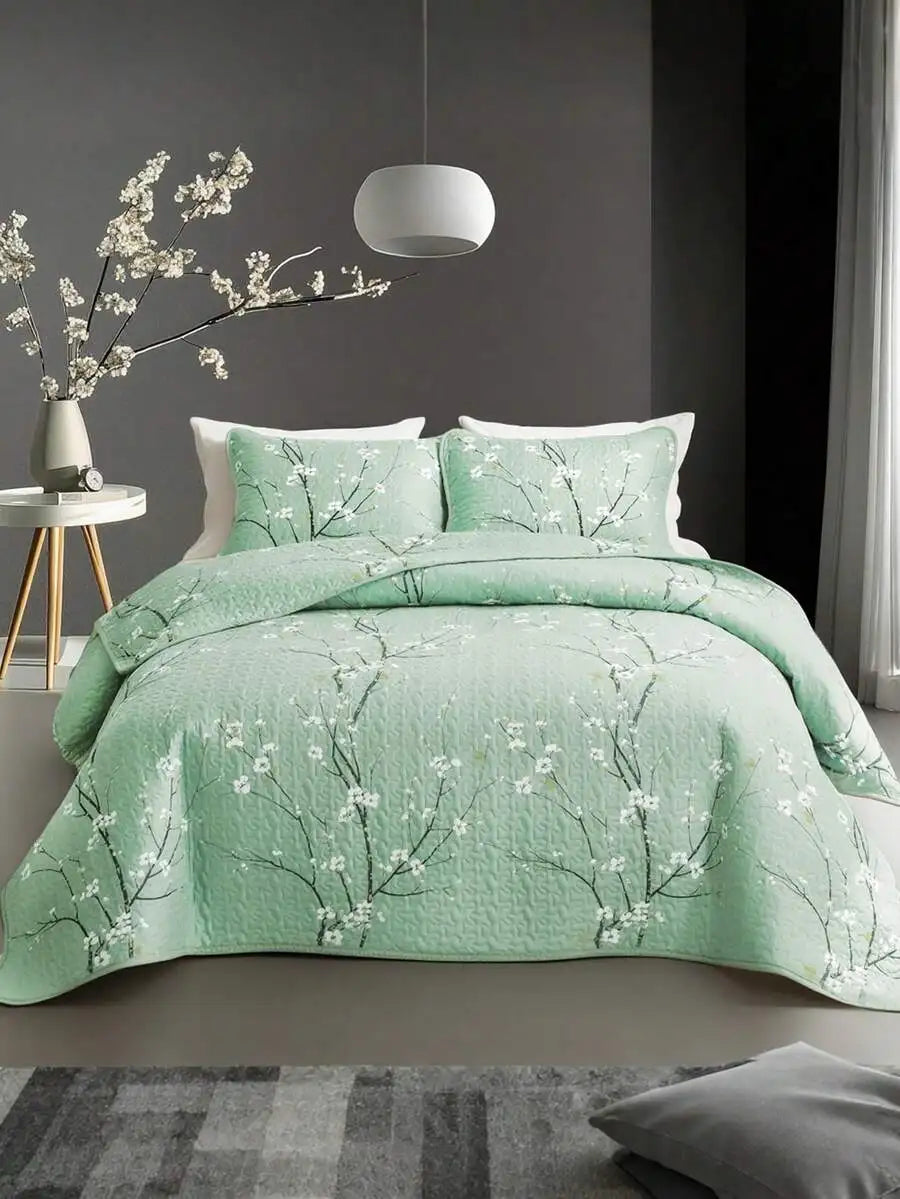 Quilted Plum Blossom Bedding Set 3PCS Soft Breathable Machine Washable Twin Queen King Size