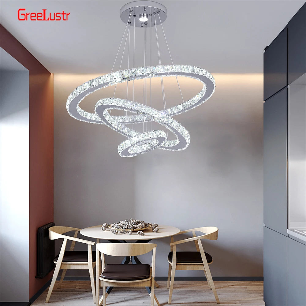 Modern Crystal Chrome Led Pendant Light Fixture Rings Adjustable Chandelier Dimming Lamp  for Living Room Bedroom Hanging Lustre