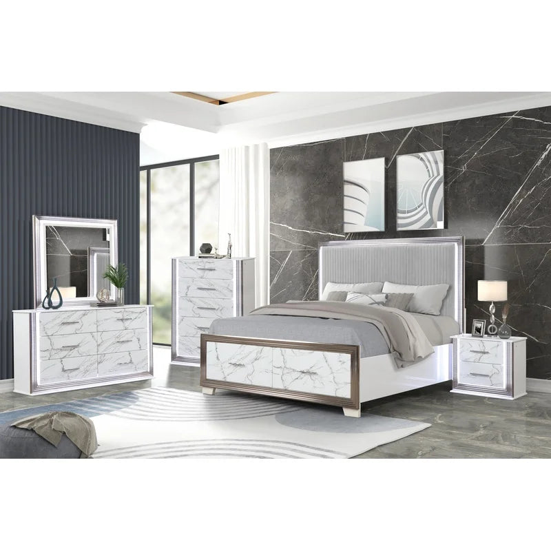 White & Marble 5-Piece Bedroom Set with LED Bed, Storage Footboard, Dresser, Mirror, Nightstand, Chest, Metallic Finish