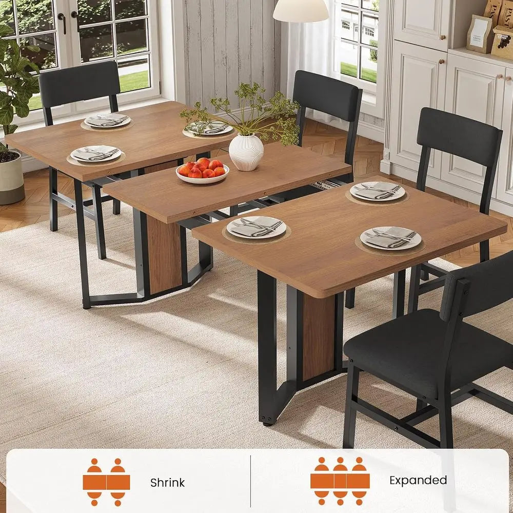 5-Piece Dining Table Set or 4-6 People, 63" Exble Kitchen Table and 4 Cushion Chairs, Dining Room Table with MD Board & Metal e