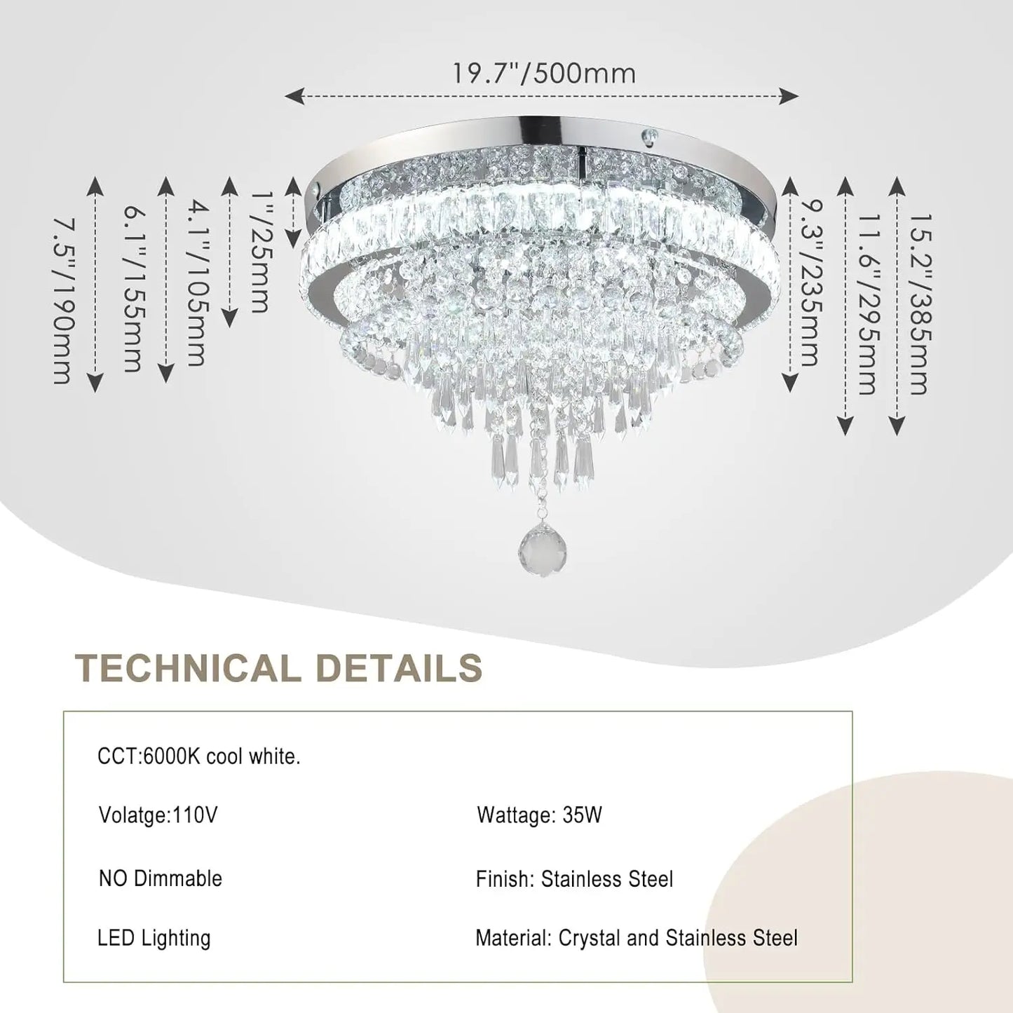 19.7" Crystal Chandeliers Crystal Ceiling Light Fixtures Modern Flush Mount Light LED Chandelier Lamp for Living Room Bedroom Dining Room 6500K Cool White