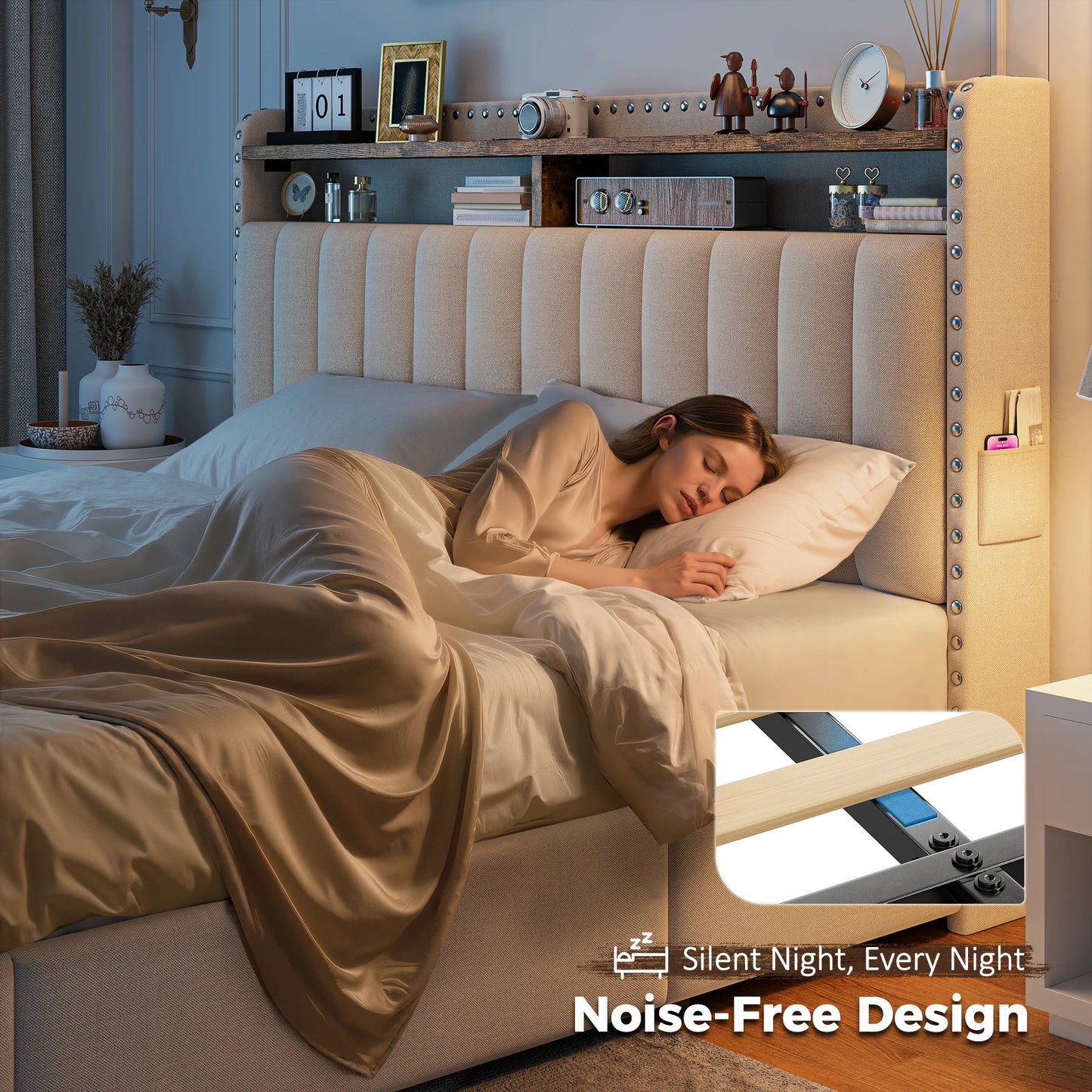 EnHomee Full/Queen/King Bed Frame with 3 Drawers & 2-Tier Storage Headboard,Upholstered Platform Bed Frame, No-Noise
