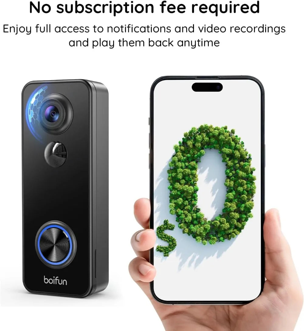 180° Wide View 2K HD Video Doorbell, No Subscription, AI Human Detection, Night Vision, Two-Way Audio, Battery Powered with Chime, 2.4GHz Wi-Fi