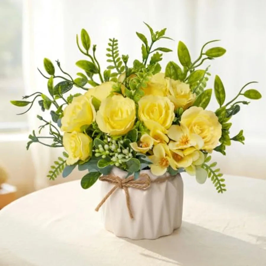 Faux Flowers with Vase, Artificial Silk Rose in Vase Silk Rose Artificial Flowers with Vase for Coffee Table Decor, Living Room