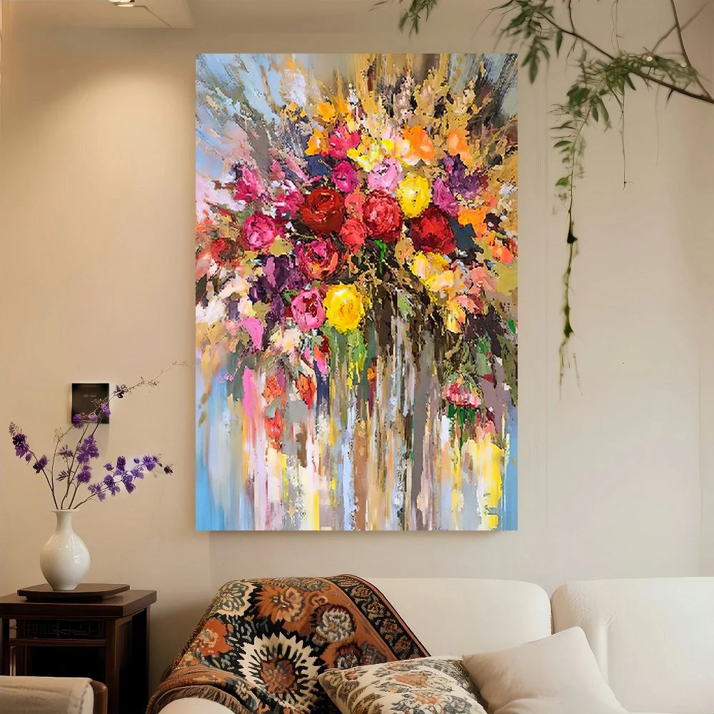 Framed Flat,1pc Canvas Painting, Abstract Colorful Flowers, Fun Artwork for Home, Bedroom, Kitchen, Living Room, Hotel, Cafe, Of