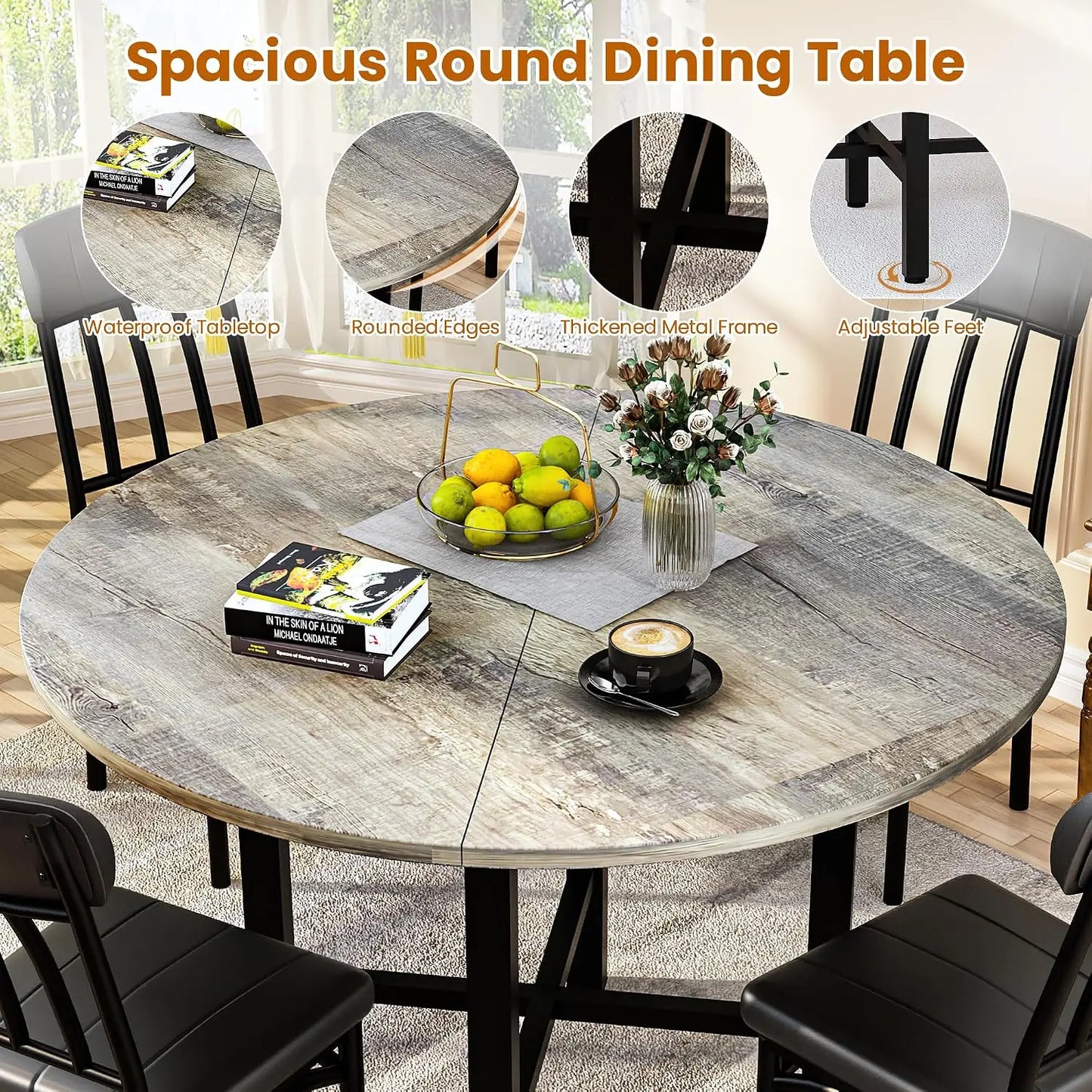 Round Dining Table Set for 4, Wood Circle Kitchen Table and Chairs Set for 4, Modern Dining Room Sets, Customized