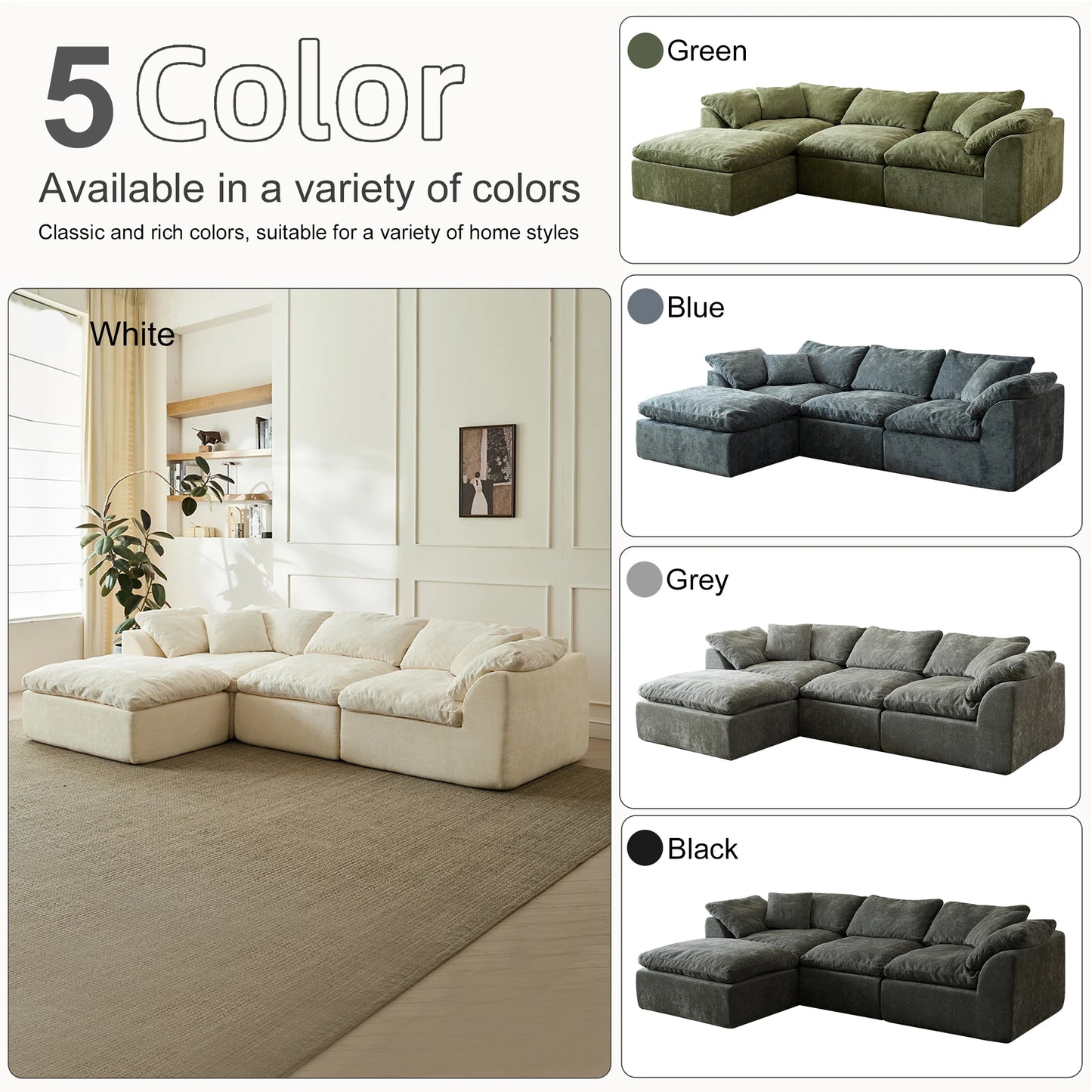 109" Modern Cloud L-Shaped 3-Seater Oversized Deep Seat Chenille Fabric Sofa green Modular Sectional with Ottoman