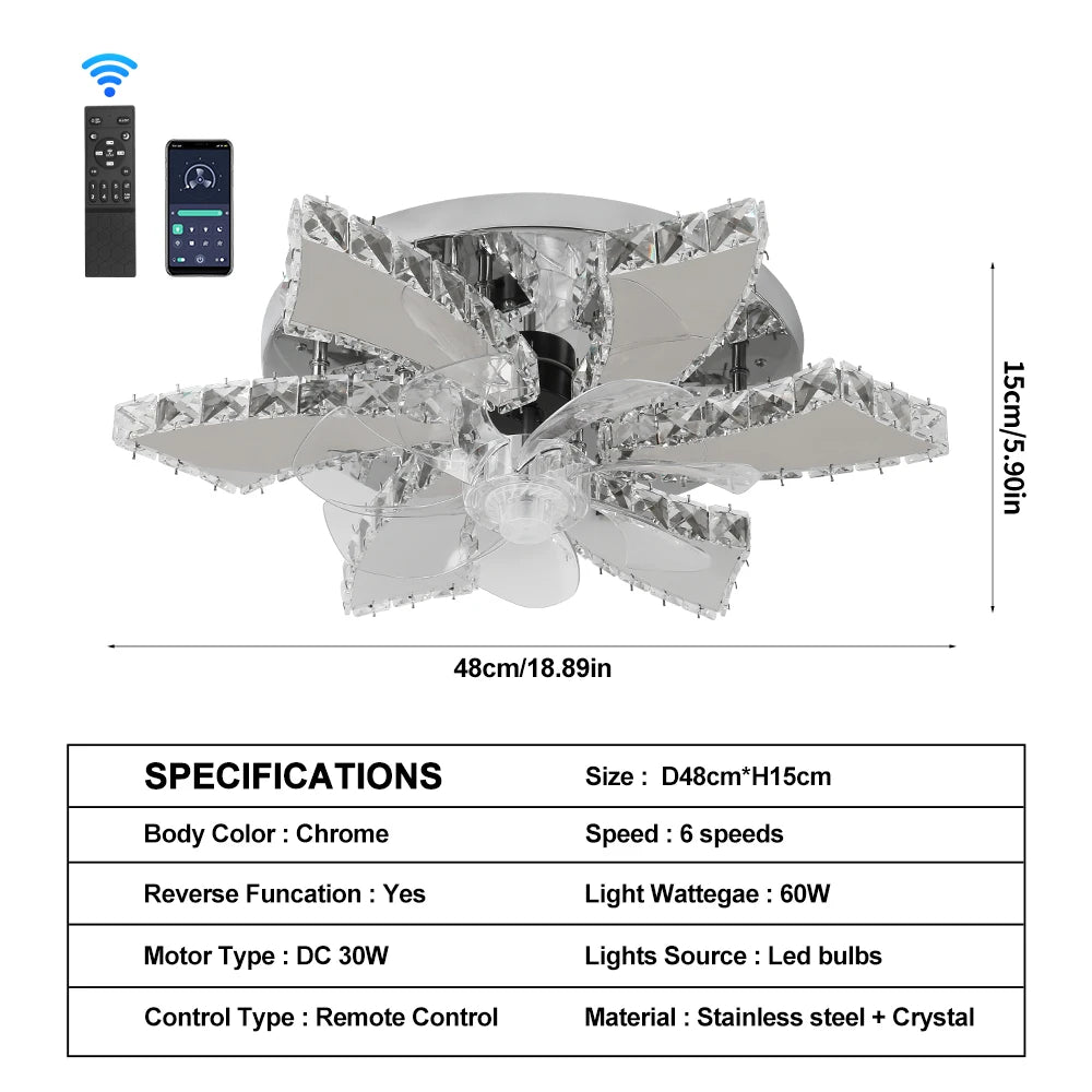 GreeLustr Modern Ceiling Fan Light Led Lamp Smart APP RC Luxury Crystal Chandelier Home Decor Appliance Fixture Living Dining
