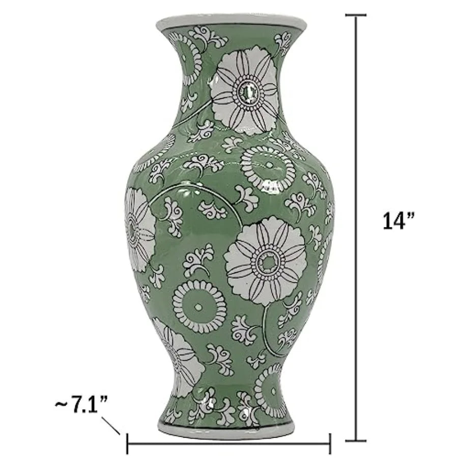 14" Hand Painted Chinoiserie Ceramic Vase Antique Style Porcelain Flower Bottle by Fishtail Chinese Vase for Home Decor and Cen