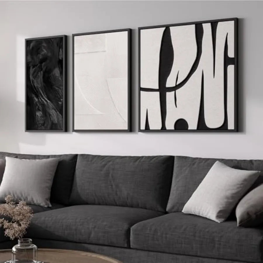 Living room wall decor: black and white abstract canvas prints, 3-piece set, modern minimalist style, cotton canvas material, n