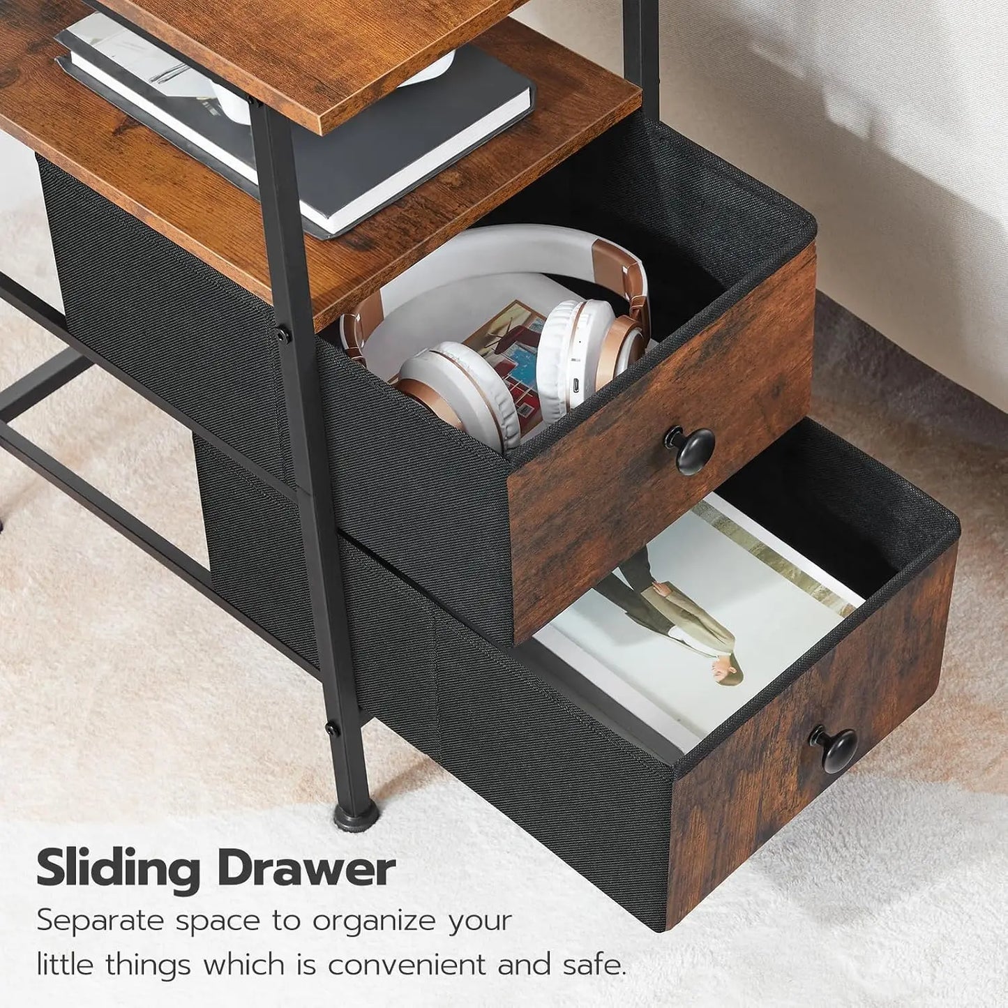 Narrow End Table with Charging Station, 2 Drawers, Nightstand for Small Spaces, Living Room, Bedroom, Rustic Brown & Black