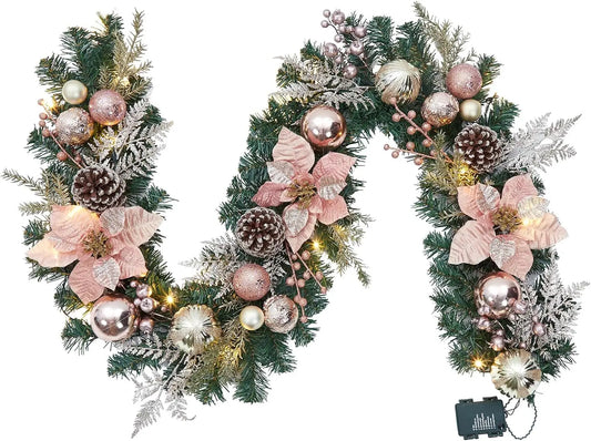 Tacleekii 6 Feet Christmas Garland with Lights & Timer for Mantle Battery Operated 20 LED 8 Modes Ball Ornaments & Poinsettias, Prelit Garland Decorations