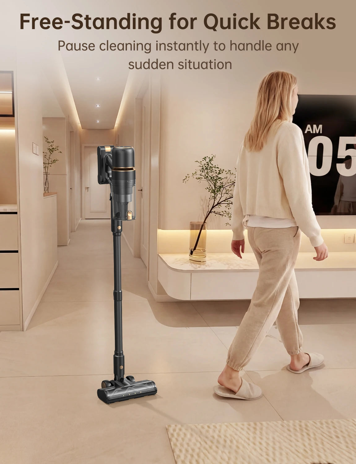 60kPa 600W Cordless Stick Vacuum Cleaner 60mins Runtime Self-Cleaning Roller Self Standing Anti Hair Tangle Wireless Vacuum With Green LED Dust Detection For Home Carpet Pet Hair Cleaning