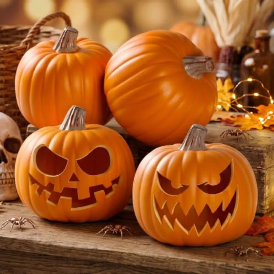 DIY Halloween Thanksgiving home decor: carvable PU artificial pumpkins, 9 large realistic set of 4, orange, lightweight and reu