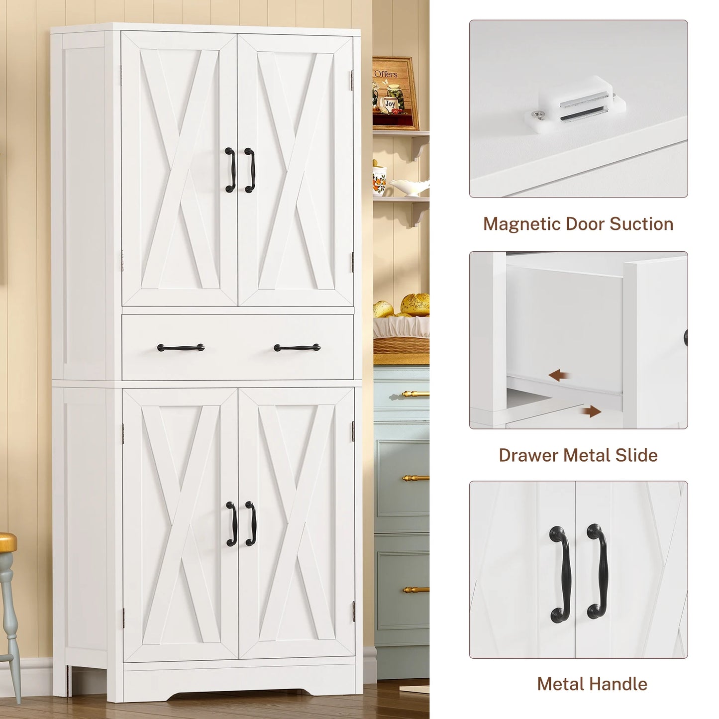 Tall Storage Cabinet with 4 Doors & 1 Large Drawer, Kitchen Pantry Cabinet , for Living Room, Kitchen, Bathroom, White