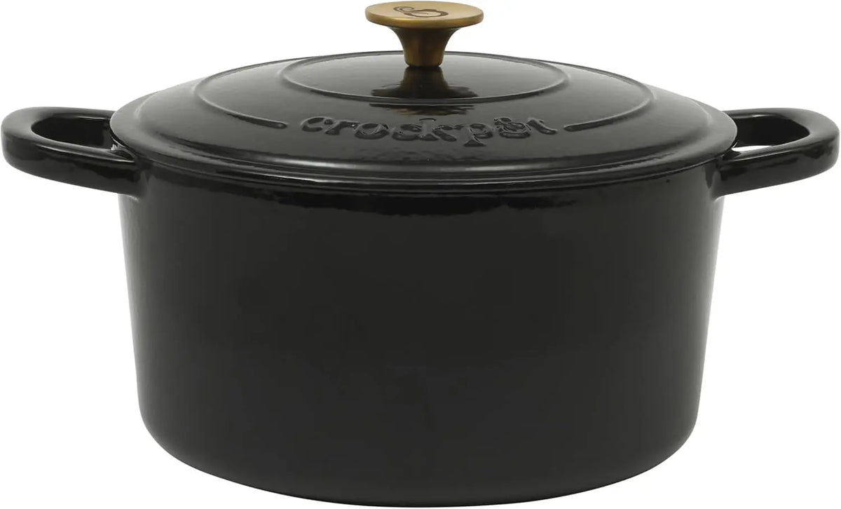 Crock Pot Artisan 7-Quart Round Cast Iron Dutch Oven with Lid – Black Enamel Finish, Gold Knob
