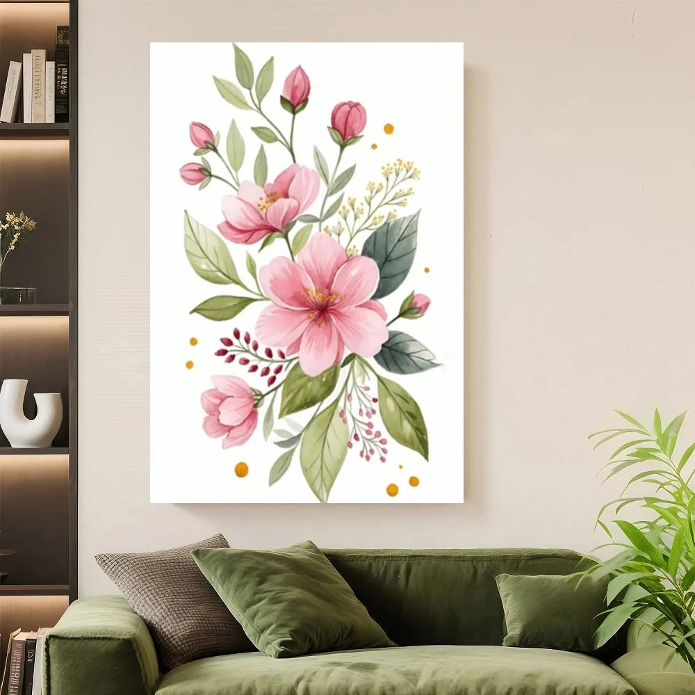 Framed 1pc Pink Plum Blossoms Canvas Wall Art - Animation Art Style Floral Print With Soft Pink & Green Hues, High-Quality Canva