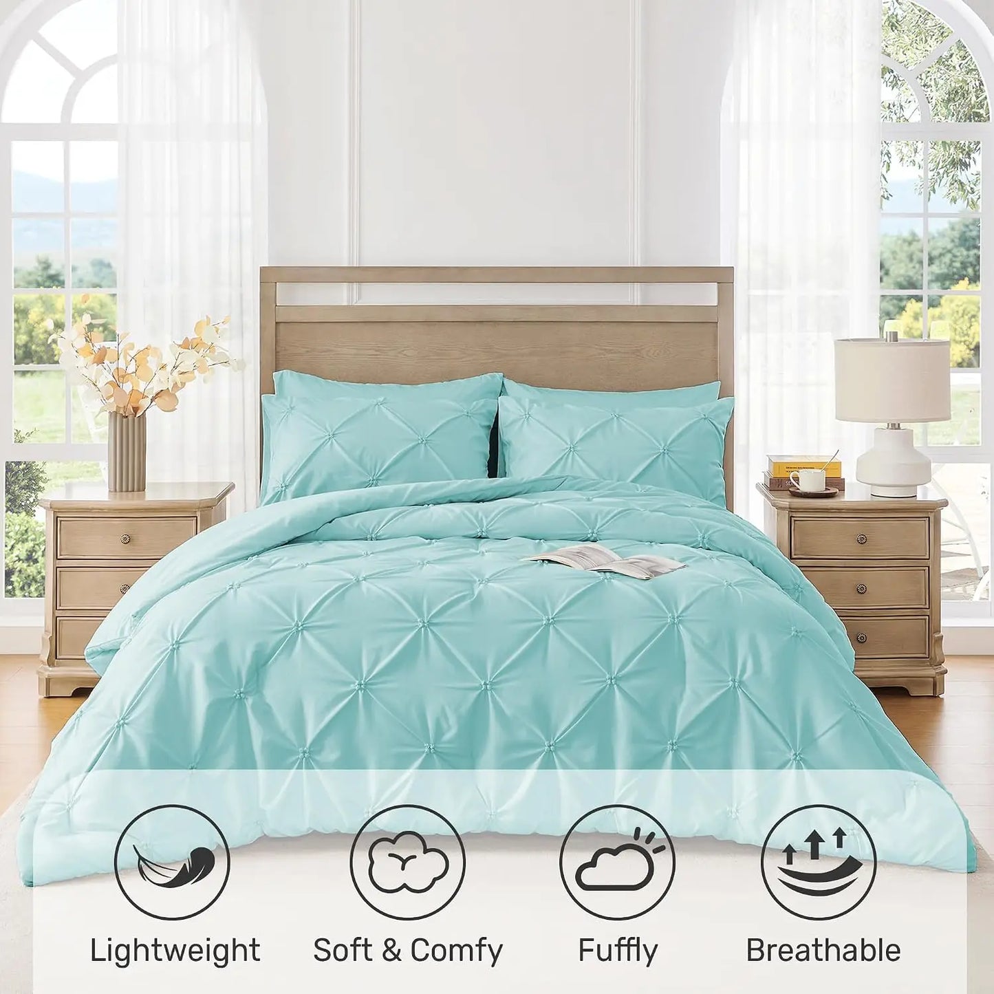 King Size Comforter Set Aqua Blue - Ultra Soft Boho Pinch Pleat Down Alternative Bedding 3 Pieces Lightweight Warm All Seasons