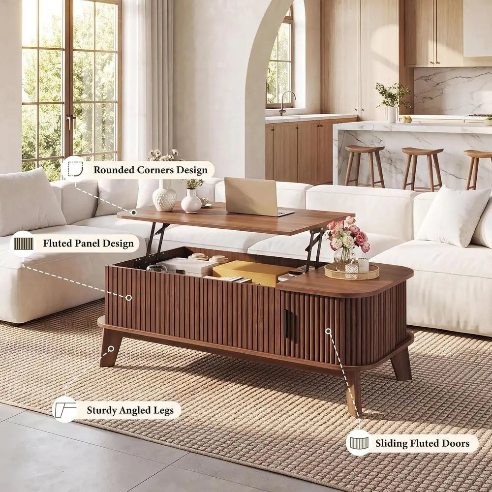 37.4 Large Walnut Coffee Table with Storage and Sliding Door for Living Room & Home Office