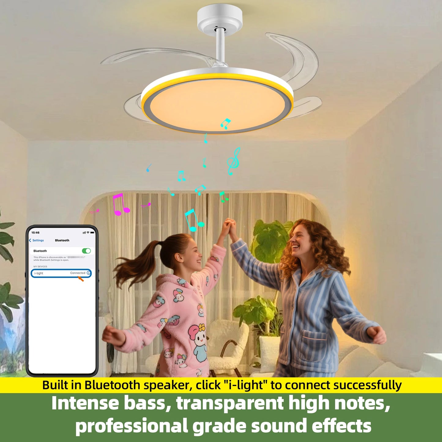 Slim Retractable Ceiling Fan With Light And App/Remote Control, 42Inch Modern Smart Ceiling Fan With Bluetooth Speaker, Dimmable Full Spectrum With Memory, 6-Speed Reversible Fan