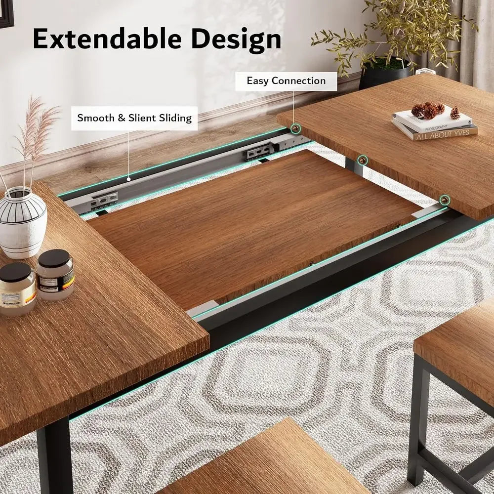 7-Piece Dining Table Set with 6 Stools, 63" Exble Kitchen Table Set or 4-8, ern Dining Room Table with Sturdy Metal e, Space-Sav