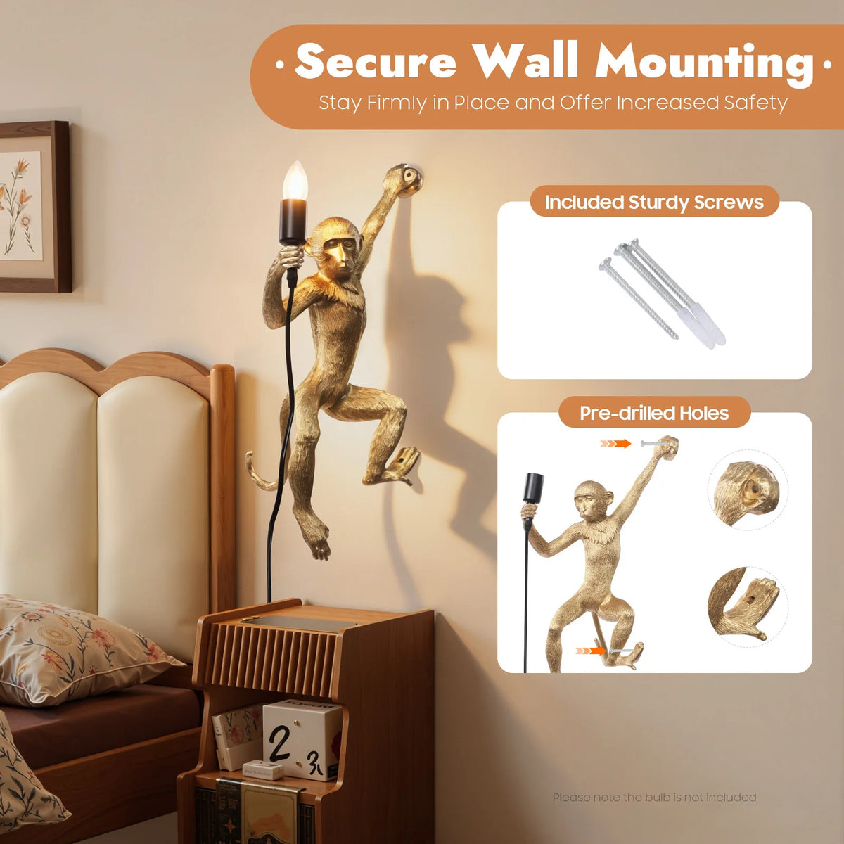 Monkey Shape Wall Lamp 60W E26 Resin Wall Mount Light Fixture with 5.9ft Cord for Bedroom Living Room Decor
