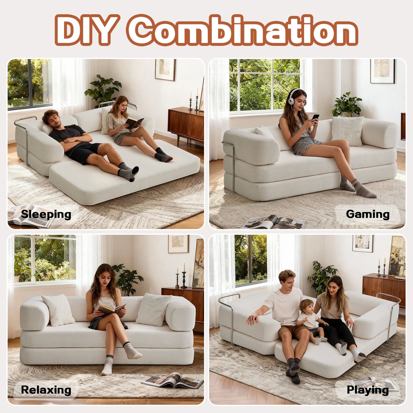 76'' Boneless Couch Futon Sofa Bed Floor Lounge Foldable Convertible Sofa Couch with L‑Shaped Armrests for Living Room Sofas