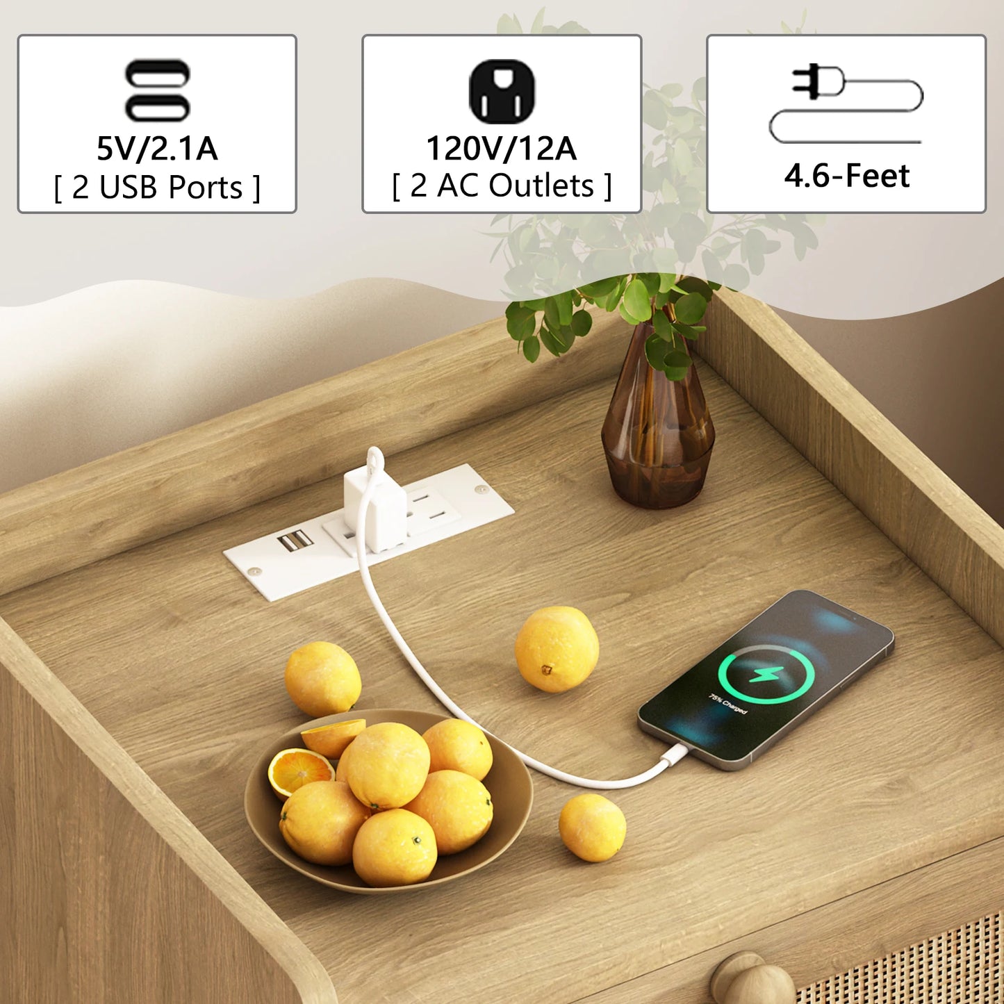 Rattan Nightstand with Charging Station, Rustic Bedside Table with 2 Drawers, Natural Nightstand for Bedroom