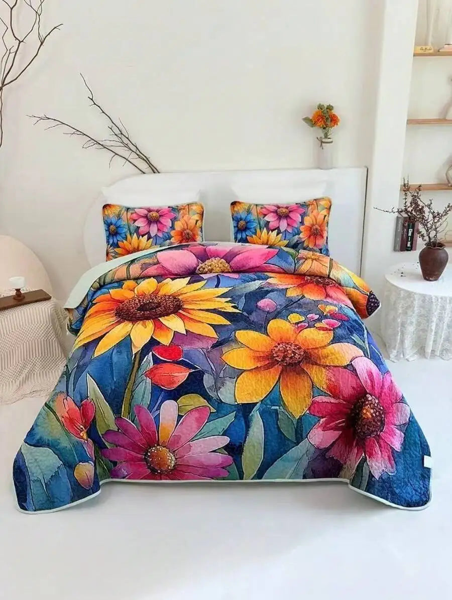 Quilted Floral Print Bedding Set With Pillowcases Soft Breathable Machine Washable Twin Queen King