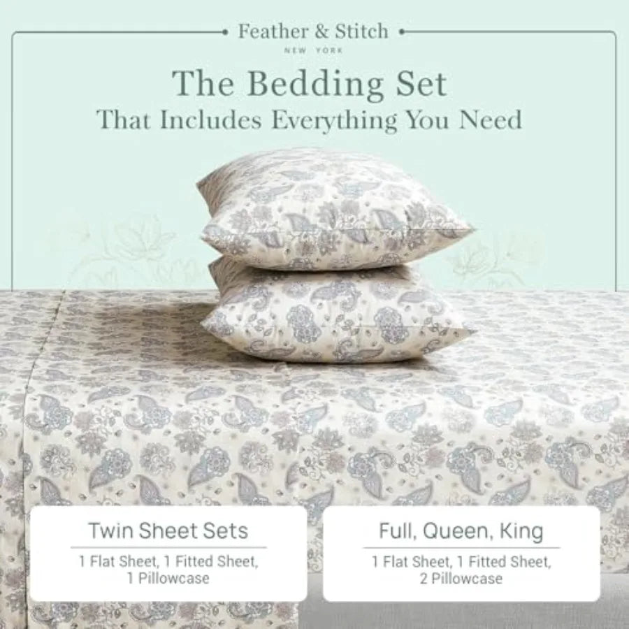 Feather and Stitch Softest 100% Cotton Sheets 300 Thread Count Percale Weave Bedding 16" Deep Pocket Cooling Sheets Breathable