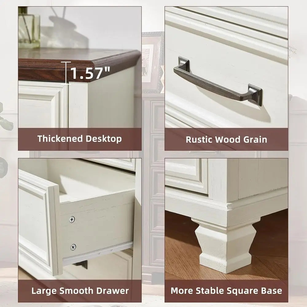 3-Piece Rustic White Wood Bedroom Furniture Set: 7-Drawer Dresser & 2-Drawer Nightstands