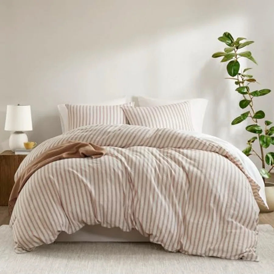 Duvet Cover Set for Hot Sleepers - Linen Cotton Rayon Blend Size 3 Pcs Set with Shams - Lightweight and Breathable Bedding Stri