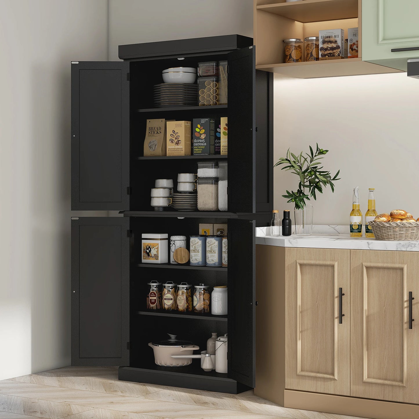 HOMCOM 72.5" Tall Kitchen Pantry Cabinet, Freestanding Modern Farmhouse Kitchen Storage Cabinet with 4 Doors and 2 Adjustable Shelves for Dining Room, Black