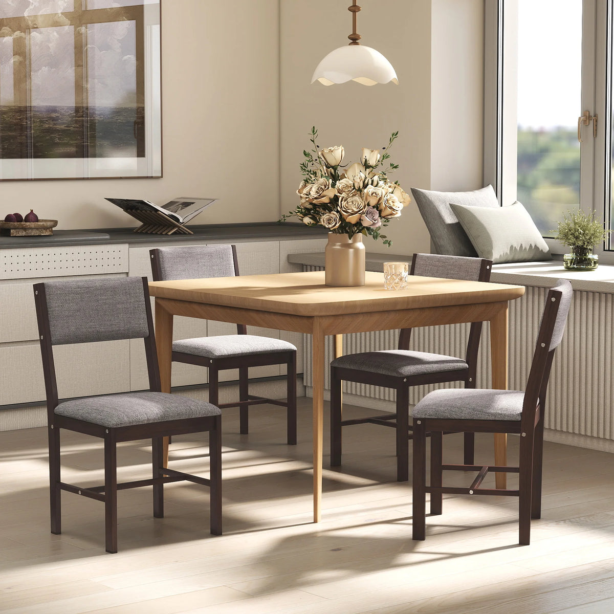 HOMCOM Solid Wood Dining Chairs Set of 4, Linen Fabric Upholstered Kitchen Chairs for Dining Room, Living Room, Gray