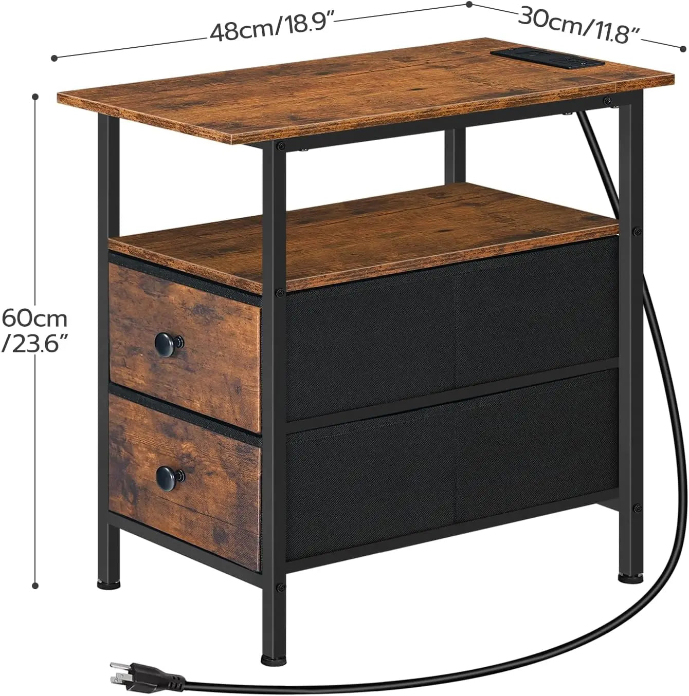 Narrow End Table with Charging Station, 2 Drawers, Nightstand for Small Spaces, Living Room, Bedroom, Rustic Brown & Black