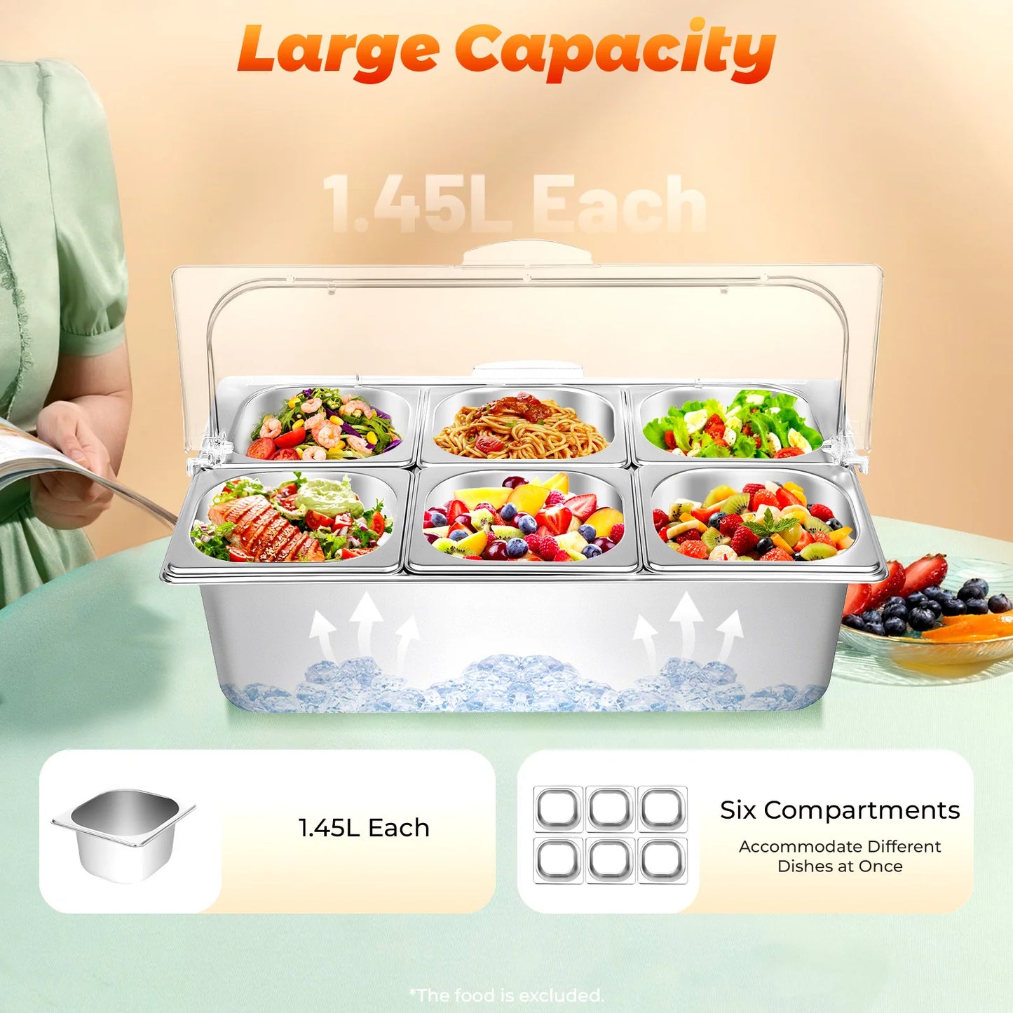 Countertop Food Container 6 Pans Condiment Dispenser Salad Dressing Appetizer Spice Fruit Cold Serving Buffet Tray